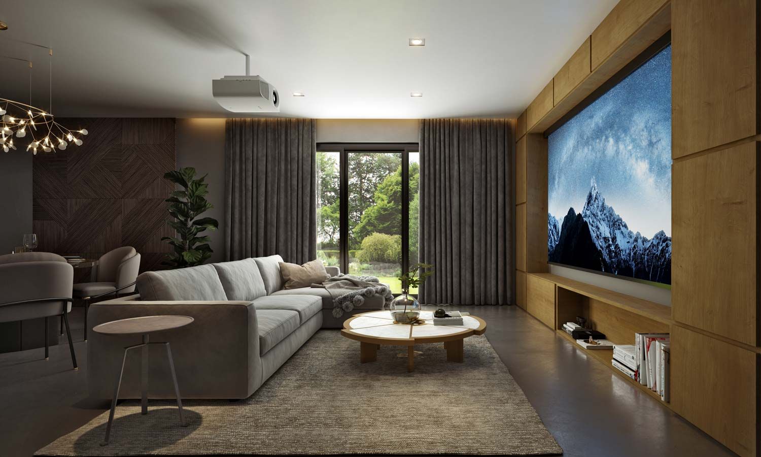 sony technology in a media room with modern design and curtains
