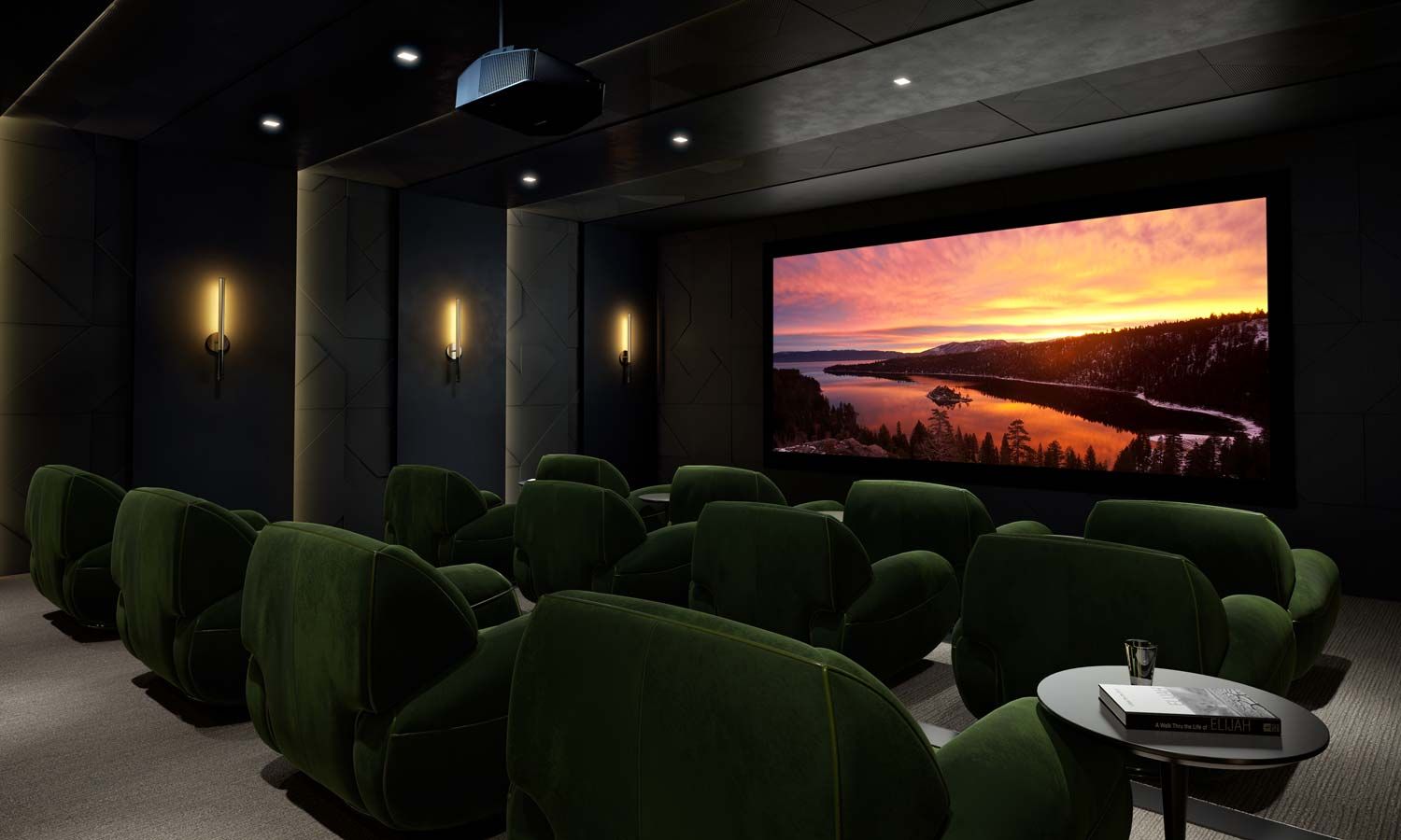 sony theater with green velvet chairs and wall sconces